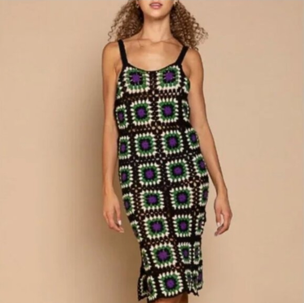 POL HANDMADE V Neck Midi Bodycon Crochet Dress Side Slit Granny Square